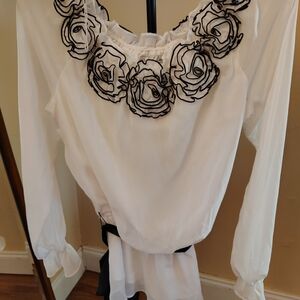 Elegant White Blouse with Black Floral Accents